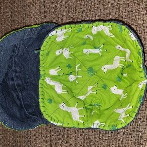 Lime Green Wandering Llama 2 Cozies Upcycled Blue Denim Jeans Hand Crafted XL